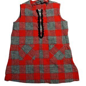 Vintage 1970's Girls 4 Red & Black Plaid Sleeveless Chore/House Dress 1/2 Zip
